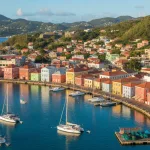St. George’s harbor in Grenada with colorful waterfront buildings and boats.