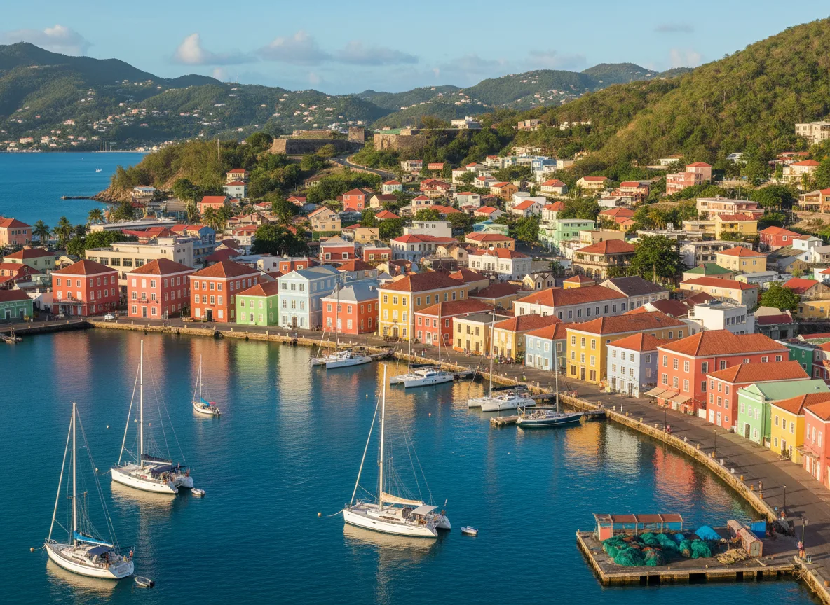 St. George’s harbor in Grenada with colorful waterfront buildings and boats.